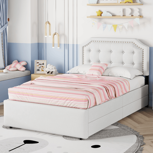 Cama estofada em tecido de linho com 2 gavetas - 90x200 cm - cabeceira decorada com rebites - Bege