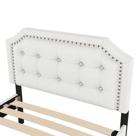 Cama estofada em tecido de linho com 2 gavetas - 90x200 cm - cabeceira decorada com rebites - Bege