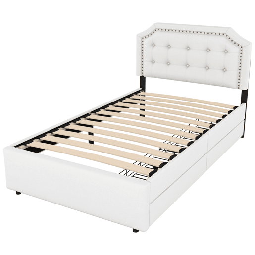 Cama estofada em tecido de linho com 2 gavetas - 90x200 cm - cabeceira decorada com rebites - Bege