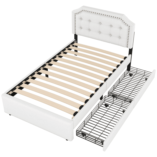 Cama estofada em tecido de linho com 2 gavetas - 90x200 cm - cabeceira decorada com rebites - Bege