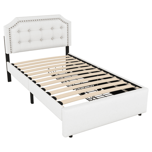 Cama estofada em tecido de linho com 2 gavetas - 90x200 cm - cabeceira decorada com rebites - Bege