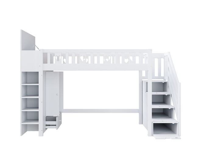 Cama alta de madera de 90 x 200 cm con múltiples espacios de almacenaje y escalera de almacenaje - color blanco