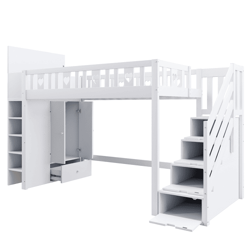 Cama alta de madeira 90 x 200 cm com vários espaços de arrumação e escada de arrumação - branco