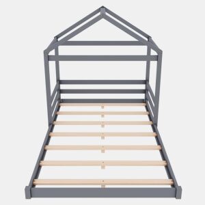 Cama-cama de madeira maciça 140x200cm - com estrado de ripas - Cinzento (colchão não incluído)