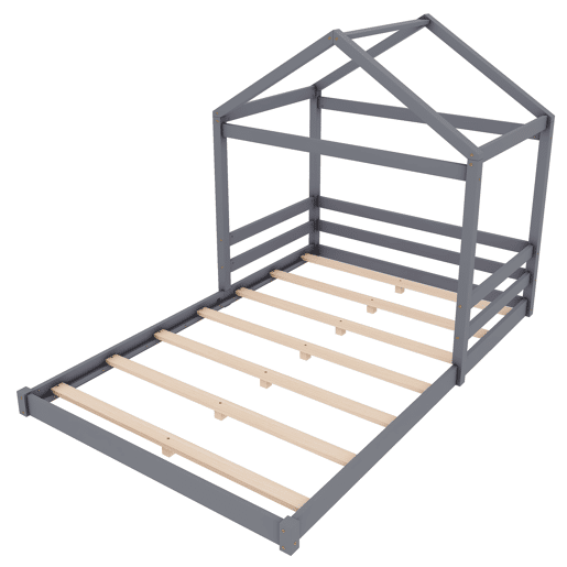 Cama-cama de madeira maciça 140x200cm - com estrado de ripas - Cinzento (colchão não incluído)