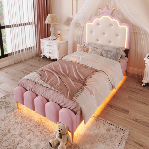 Cama estofada 90x200 cm com LED - Pele sintética - com estrado de molas - Rosa