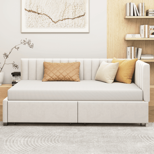 Sofá-cama estofado em veludo 90x200 cm - com 2 gavetas grandes e estrado de ripas - Branco