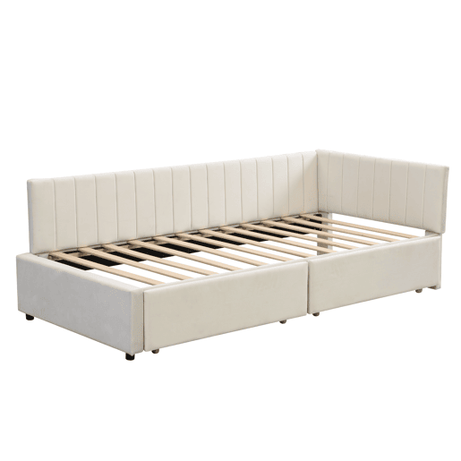 Sofá-cama estofado em veludo 90x200 cm - com 2 gavetas grandes e estrado de ripas - Branco