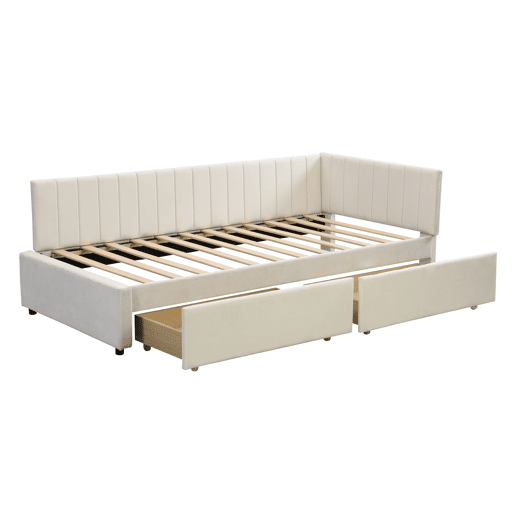 Sofá-cama estofado em veludo 90x200 cm - com 2 gavetas grandes e estrado de ripas - Branco