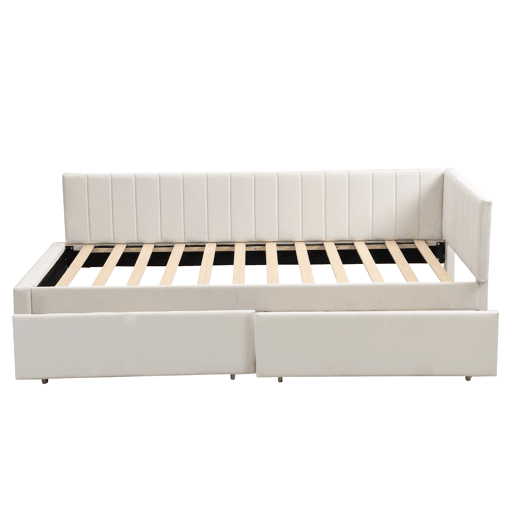 Sofá-cama estofado em veludo 90x200 cm - com 2 gavetas grandes e estrado de ripas - Branco