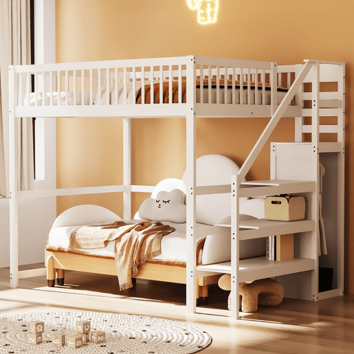 Cama mezzanine em madeira 140x200cm - com roupeiro - Branco
