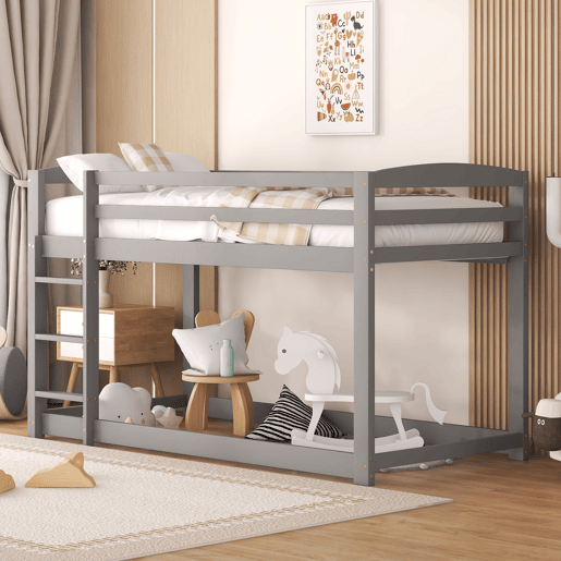 Beliche em pinho com barreiras anti-queda + escada - 90x200cm - Cinzento