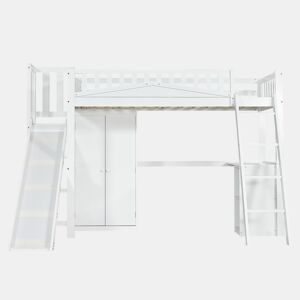 Cama alta de madeira 90x200 cm - com secretária + roupeiro + escorrega - Branco