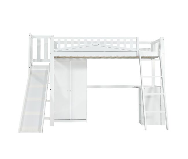 Cama alta de madera 90x200 cm - con escritorio + armario + tobogán - blanco