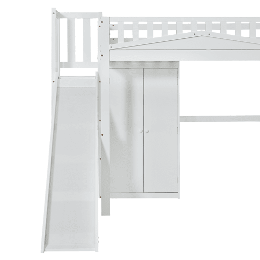 Cama alta de madeira 90x200 cm - com secretária + roupeiro + escorrega - Branco