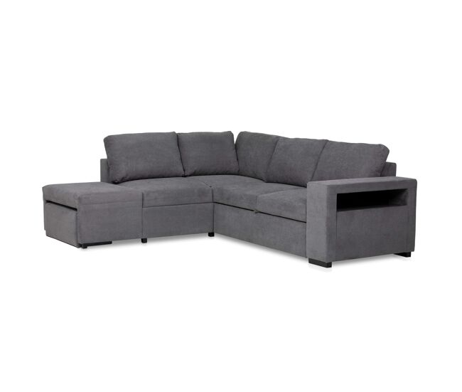 Sofá Cama Romeo Chaiselongue con Arcón, Puf y Estante en Colores Gris, Beige y Gris Antracita 249 cm