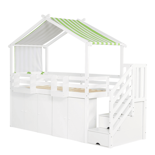 Beliche 90x200 cm - madeira maciça - com 1 roupeiro, 2 cacifos e escada de arrumação - Branco