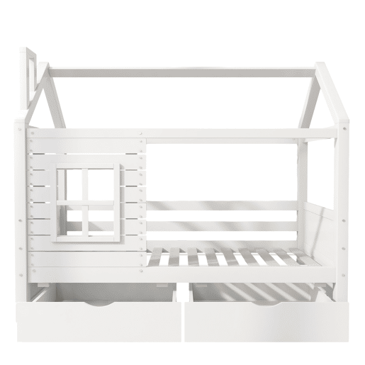 Beliche 90x200 cm com 2 gavetas - forma de casa - madeira maciça - Branco