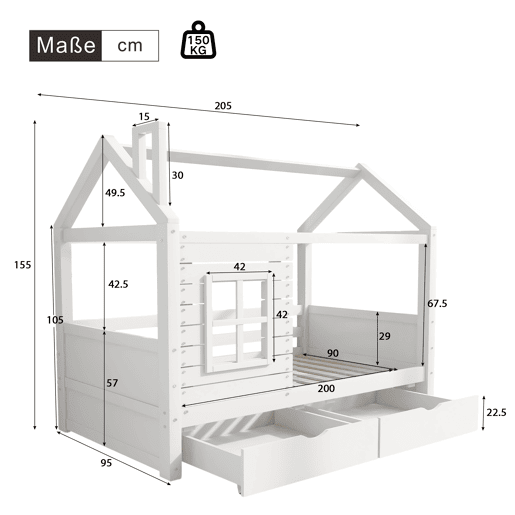 Beliche 90x200 cm com 2 gavetas - forma de casa - madeira maciça - Branco