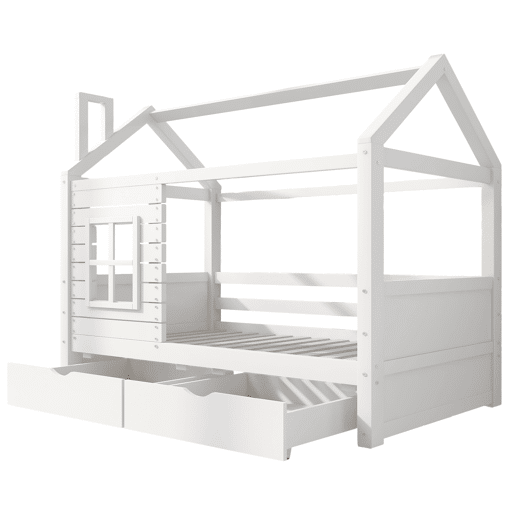 Beliche 90x200 cm com 2 gavetas - forma de casa - madeira maciça - Branco