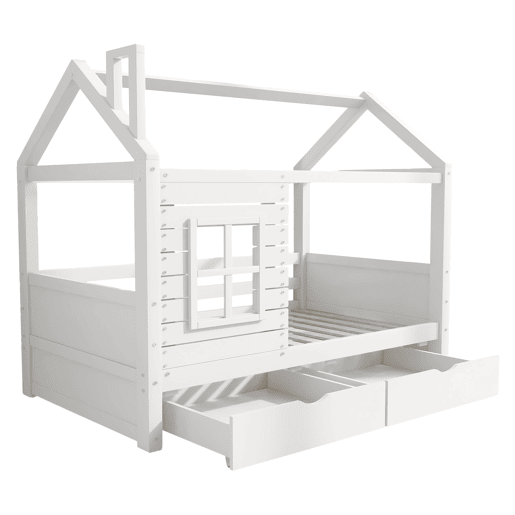 Beliche 90x200 cm com 2 gavetas - forma de casa - madeira maciça - Branco