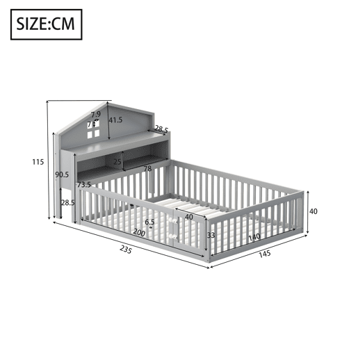 Cama de madeira para crianças 140x200 cm - com prateleiras e grelha de proteção - com estrado - Cinzento