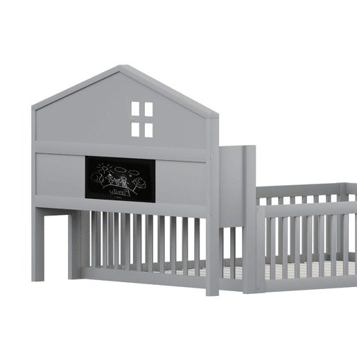 Cama de madeira para crianças 140x200 cm - com prateleiras e grelha de proteção - com estrado - Cinzento