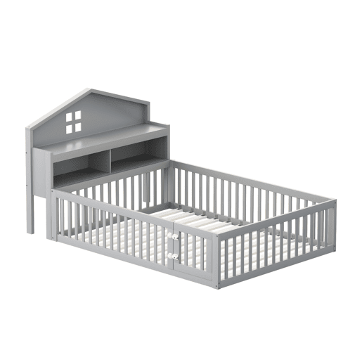 Cama de madeira para crianças 140x200 cm - com prateleiras e grelha de proteção - com estrado - Cinzento