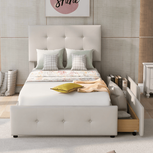 Cama estofada em veludo 90x200cm - cama individual com 2 gavetas e estrado de molas - Bege