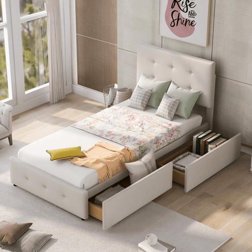 Cama estofada em veludo 90x200cm - cama individual com 2 gavetas e estrado de molas - Bege