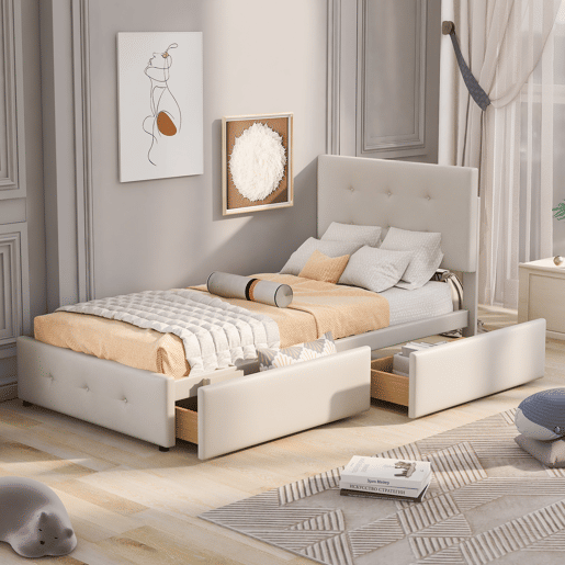 Cama estofada em veludo 90x200cm - cama individual com 2 gavetas e estrado de molas - Bege
