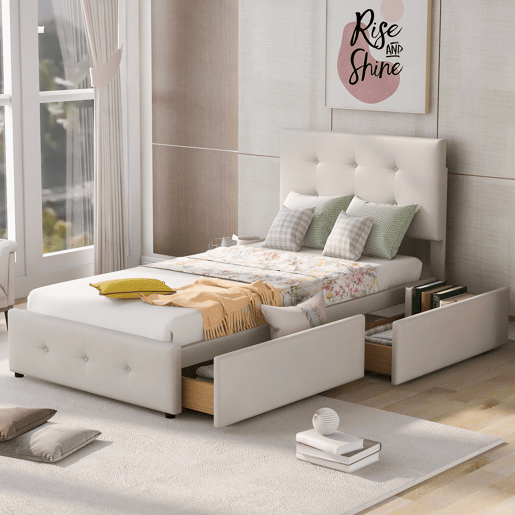 Cama estofada em veludo 90x200cm - cama individual com 2 gavetas e estrado de molas - Bege