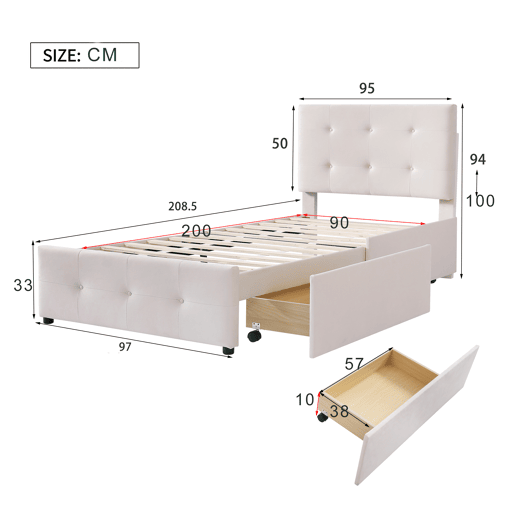 Cama estofada em veludo 90x200cm - cama individual com 2 gavetas e estrado de molas - Bege