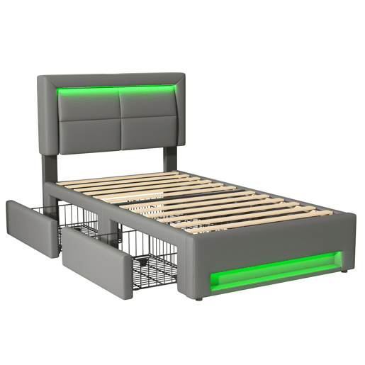 Cama em pele sintética com gavetas 90x200 cm - com LED e portas de carregamento (com e sem fios) - Cinzento