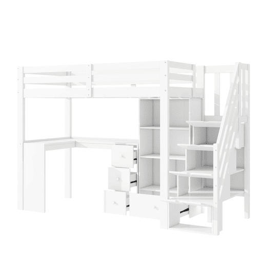 Cama alta de madeira 90x200 cm - com secretária e espaço de arrumação - Branco