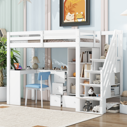 Cama alta de madeira 90x200 cm - com secretária e espaço de arrumação - Branco