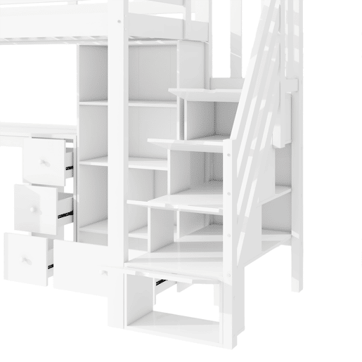 Cama alta de madeira 90x200 cm - com secretária e espaço de arrumação - Branco