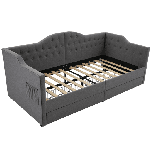 Lit avec tiroirs 90x190cm estofado em linho - com função de carga e estrado de ripas - Cinzento (colchão não incluído)