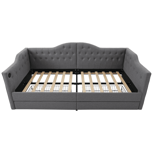 Lit avec tiroirs 90x190cm estofado em linho - com função de carga e estrado de ripas - Cinzento (colchão não incluído)