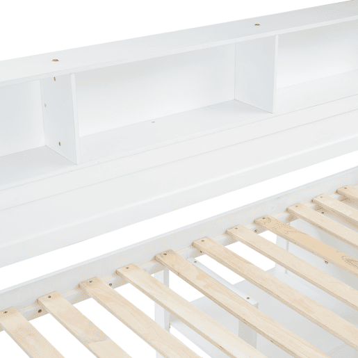 Cama alta em madeira de pinho e MDF - 90x200 cm - com prateleiras superiores, secretária e roupeiro - Branco