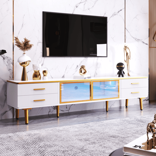 Móvel TV escandinavo 170 cm com LED - 4 gavetas - folheado a mármore - Branco