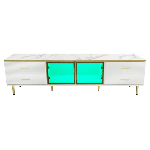 Móvel TV escandinavo 170 cm com LED - 4 gavetas - folheado a mármore - Branco