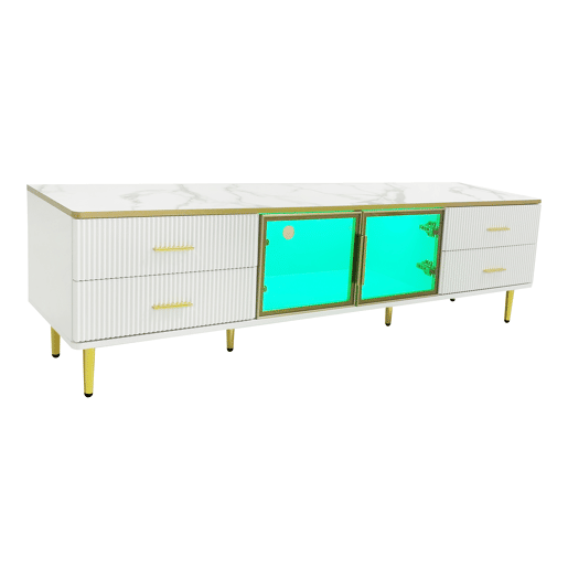 Móvel TV escandinavo 170 cm com LED - 4 gavetas - folheado a mármore - Branco