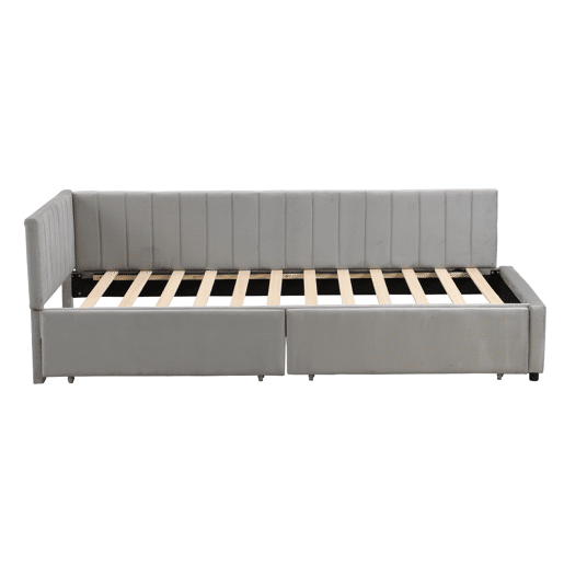 Sofá-cama estofado em veludo 90x200 cm - com 2 gavetas grandes e estrado de ripas - Cinzento