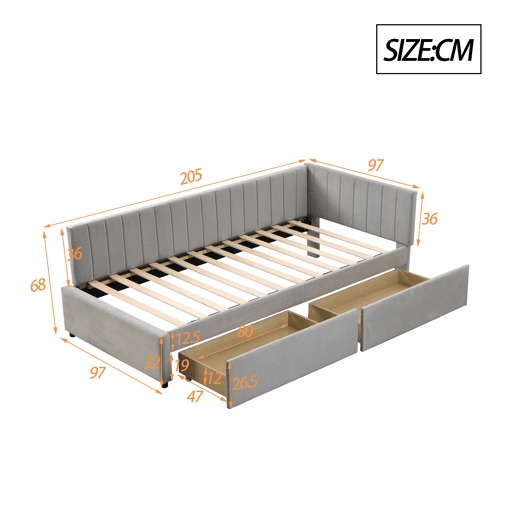 Sofá-cama estofado em veludo 90x200 cm - com 2 gavetas grandes e estrado de ripas - Cinzento
