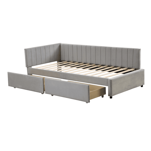 Sofá-cama estofado em veludo 90x200 cm - com 2 gavetas grandes e estrado de ripas - Cinzento