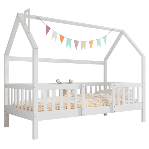 Cama de casa de campo em madeira - 90x200 cm - com base de ripas - Branco