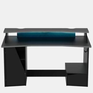 Mesa de jogos Venom com LEDs, preta, 160x93x76 cm, melamina, com armário, gaveta, loft e suporte para fones de ouvido
