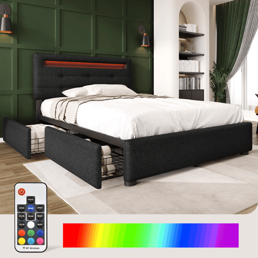 Cama contentora para roupa de cama com LED 90x200 cm + 2 gavetas + estrado - Preto