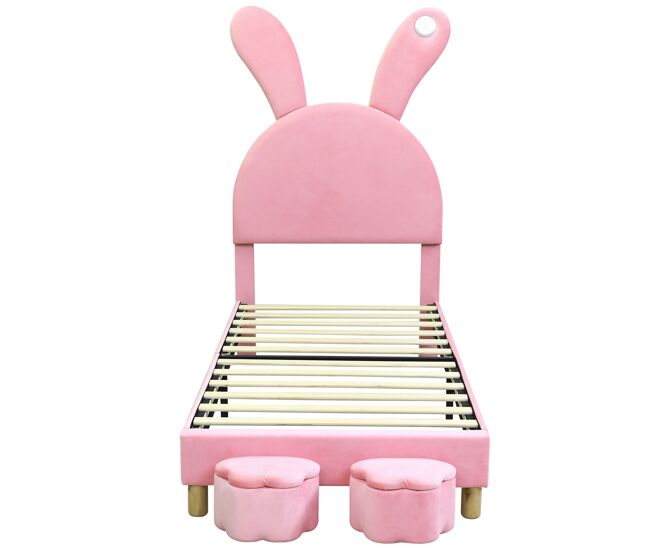 Cama infantil de terciopelo - 90x200 cm - orejas de conejo plegables con led - 2 taburetes con almacenaje - rosa